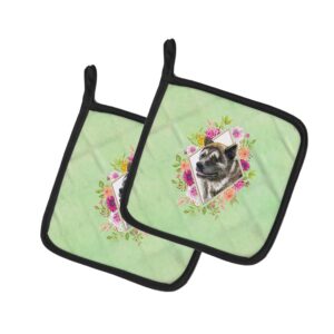 caroline's treasures ck4273pthd akita green flowers pair of pot holders kitchen heat resistant pot holders sets oven hot pads for cooking baking bbq, 7 1/2 x 7 1/2