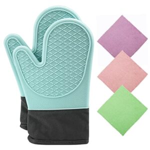 mklinsiyu silicone kitchen oven mitts，heat resistant 500 degrees，oven mitts set，waterproof flexible glove and quilted liner for oven cooking, grill & bbq (mint green), 12 x 5.7 x 0.75 inches