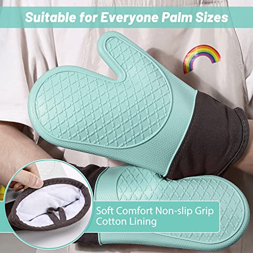 MKLINSIYU Silicone Kitchen Oven Mitts，Heat Resistant 500 Degrees，Oven Mitts Set，Waterproof Flexible Glove and Quilted Liner for Oven Cooking, Grill & BBQ (Mint Green), 12 x 5.7 x 0.75 inches