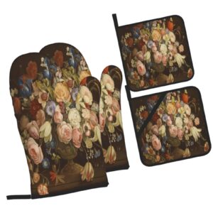 elegant vintage floral rose victorian heat resistant non-slip oven mitts and pot holders for kitchen cooking baking grilling bbq 4 piece