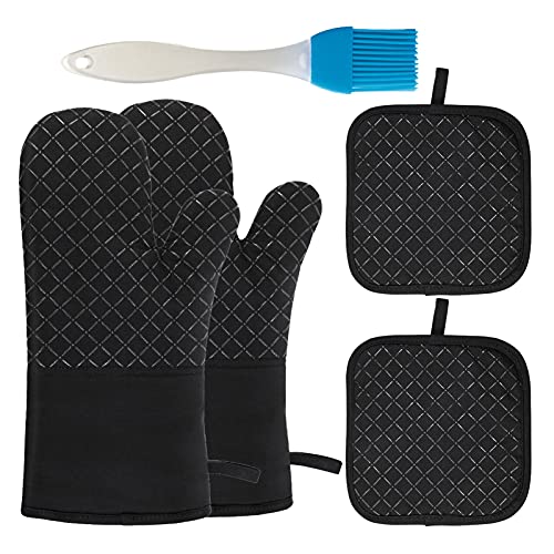 Oven Mits, Silicone Oven Mitts and Pot Holders Sets for Kitchen, Oven Mitts Heat Resistant 500°F High, Mittens for Kitchen Set Oven Gloves for Cooking and Baking (Black)