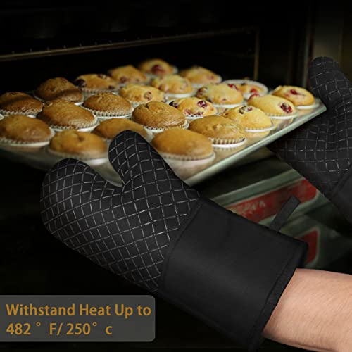 Oven Mits, Silicone Oven Mitts and Pot Holders Sets for Kitchen, Oven Mitts Heat Resistant 500°F High, Mittens for Kitchen Set Oven Gloves for Cooking and Baking (Black)