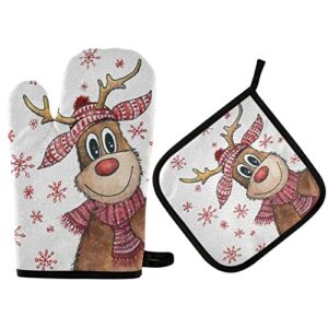 cute christmas winter deer oven mitts and pot holders set xmas reindeer funny snowflake hot pad glove baking for new year holiday seasonal decor kitchen cooking bbq baking bakeware