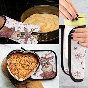 Cute Christmas Winter Deer Oven Mitts and Pot Holders Set Xmas Reindeer Funny Snowflake Hot Pad Glove Baking for New Year Holiday Seasonal Decor Kitchen Cooking BBQ Baking Bakeware