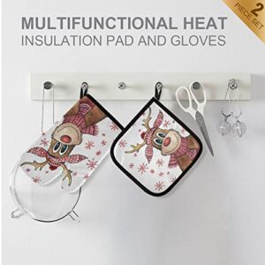 Cute Christmas Winter Deer Oven Mitts and Pot Holders Set Xmas Reindeer Funny Snowflake Hot Pad Glove Baking for New Year Holiday Seasonal Decor Kitchen Cooking BBQ Baking Bakeware
