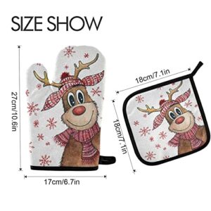 Cute Christmas Winter Deer Oven Mitts and Pot Holders Set Xmas Reindeer Funny Snowflake Hot Pad Glove Baking for New Year Holiday Seasonal Decor Kitchen Cooking BBQ Baking Bakeware