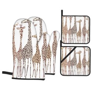 cute wild cartoon giraffes oven mitts and pot holders sets,washable heat resistant kitchen non-slip printed grip oven gloves for microwave bbq cooking baking grilling