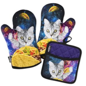 oven mitts co. galaxy taco cat, oven mitts and pot holder 3pcs set, insulated, 100% cotton