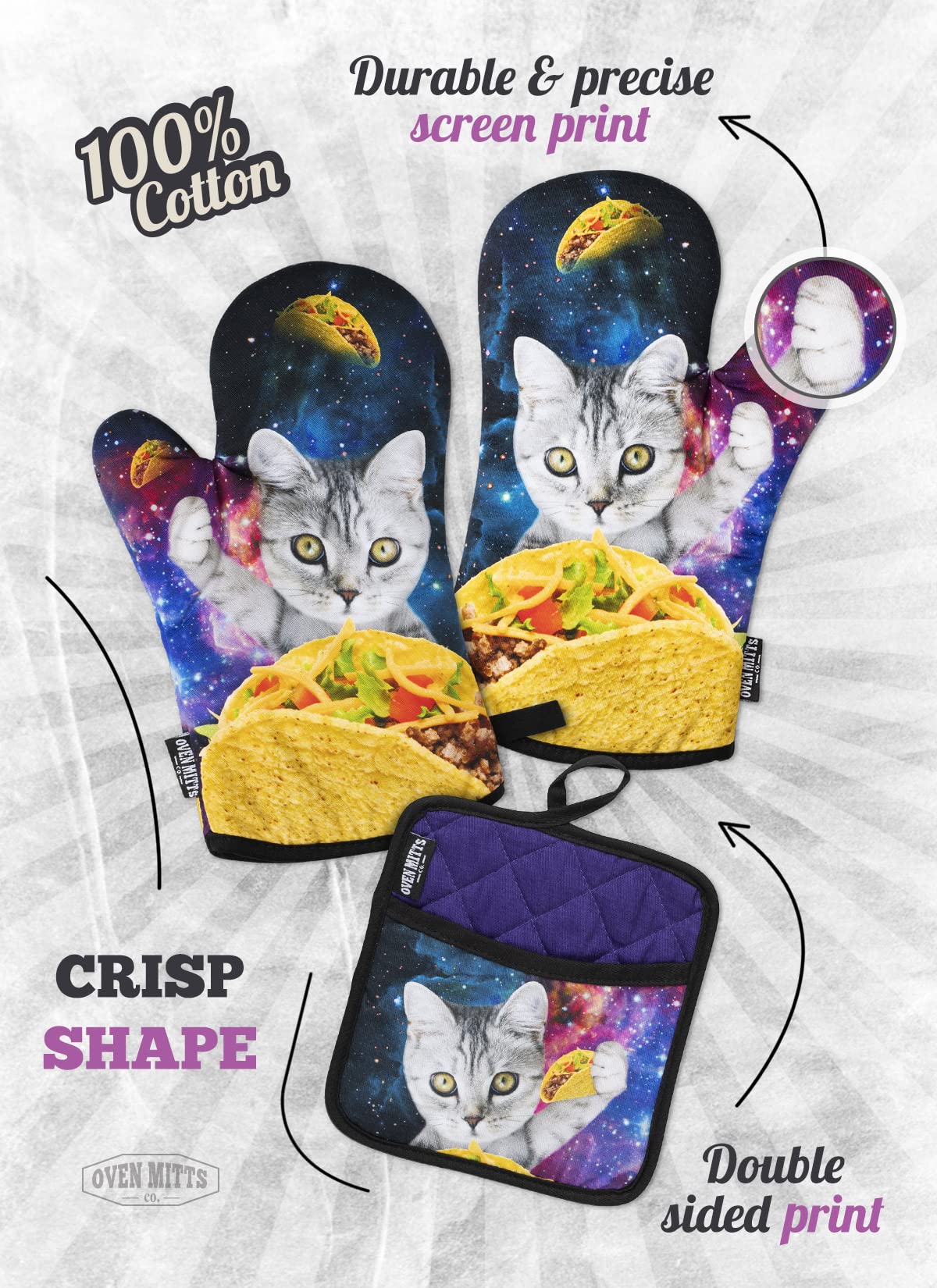 Oven Mitts Co. Galaxy Taco Cat, Oven Mitts and Pot Holder 3pcs Set, Insulated, 100% Cotton