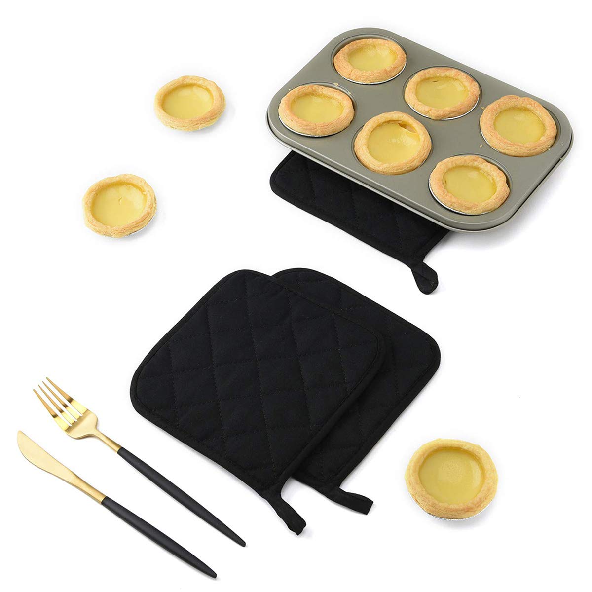 WeTest 2 Pcs Premium Pot Holders Pads - Cotton Made Machine Washable Heat Resistant Potholder for Everday Cooking Chef and Baking (Black) (LJ-JSL-121902)