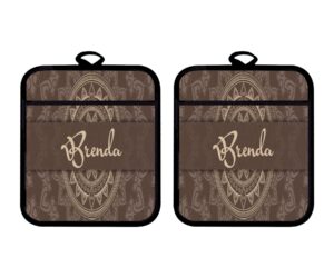 bleu reign oven mitt and potholder set personalized custom name damask natural brown and cream print linen