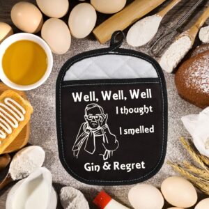 LEVLO Funny Cooking Baking Grill Oven Mitt with Hot Pads Leslie Jordan Fans Gift Well Well Well I Thought I Smelled Gin & Regret Pot Holder for Friend Family (I Thought I Smelled)