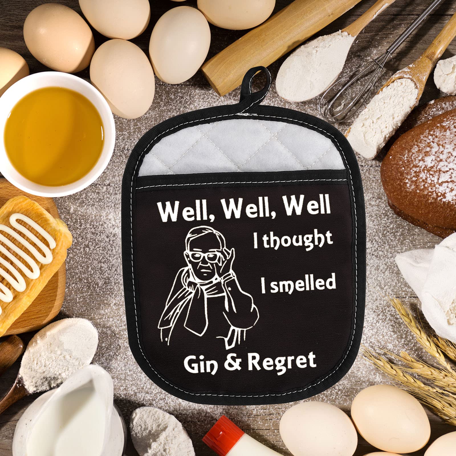 LEVLO Funny Cooking Baking Grill Oven Mitt with Hot Pads Leslie Jordan Fans Gift Well Well Well I Thought I Smelled Gin & Regret Pot Holder for Friend Family (I Thought I Smelled)