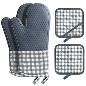 hmhp, silicone oven mitts and pot holders 4pcs sets kitchen oven gloves high heat resistant long non-slip oven mitt with quilted liner and cotton hot pads potholders kitchen baking cooking (grey)