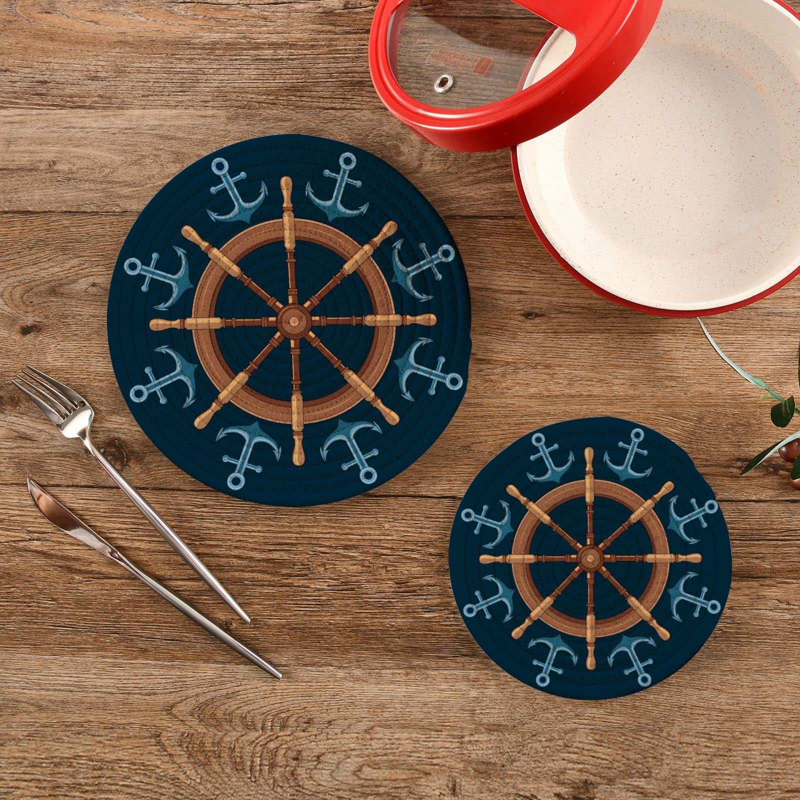 Wheel Ship Anchors Pot Holders for Kitchen Cotton Round Holder Set of 2 Heat Resistant Thread Weave Trivet Kitchen Hot Pads for Cooking Baking