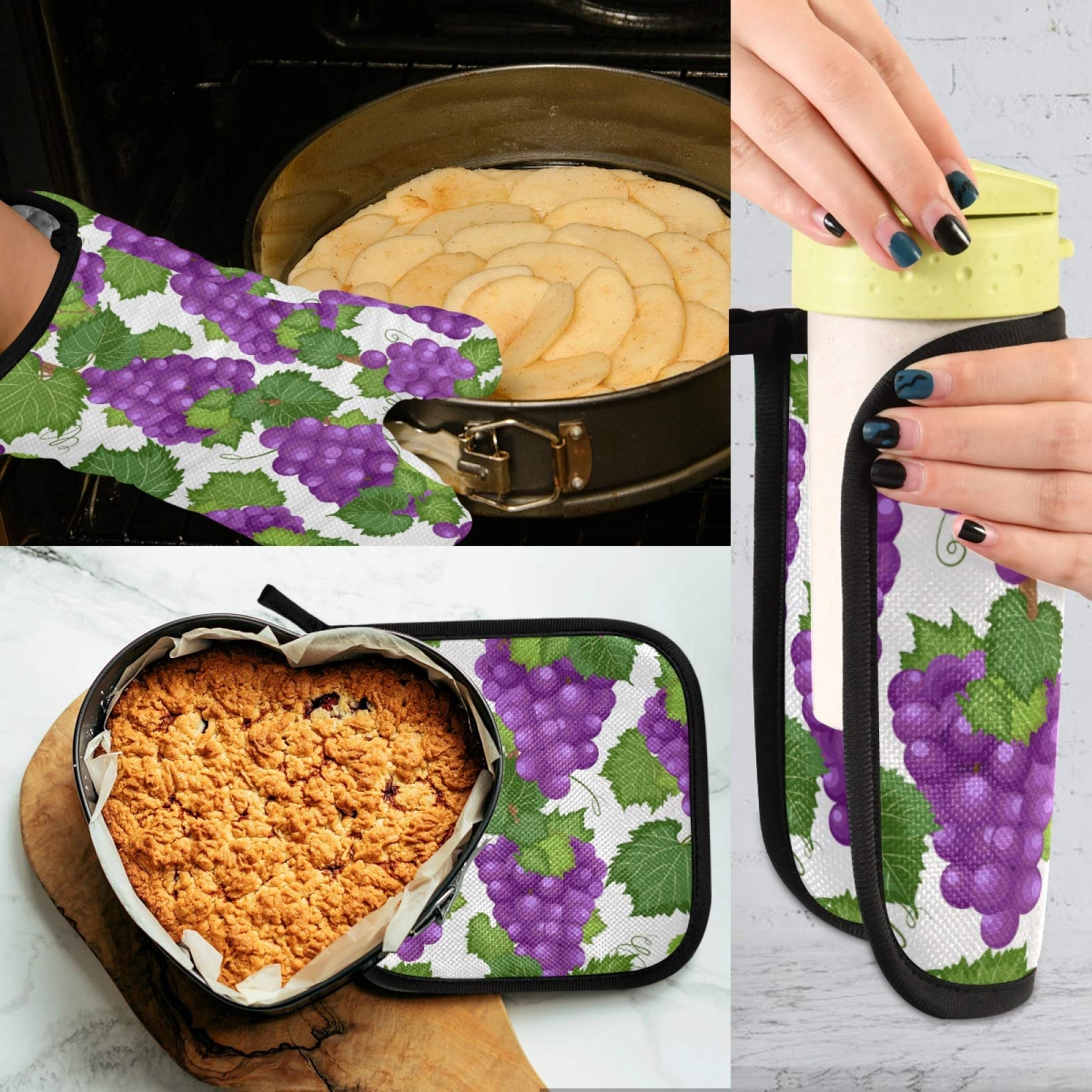 Dallonan Potholders and Oven Mitts Purple Grape Vine and Leaves Non Slip Heat Resistant Oven Mitts and Pot Holders Sets for Kitchens for Baking Finger Hand Wrist Protection, Polyester