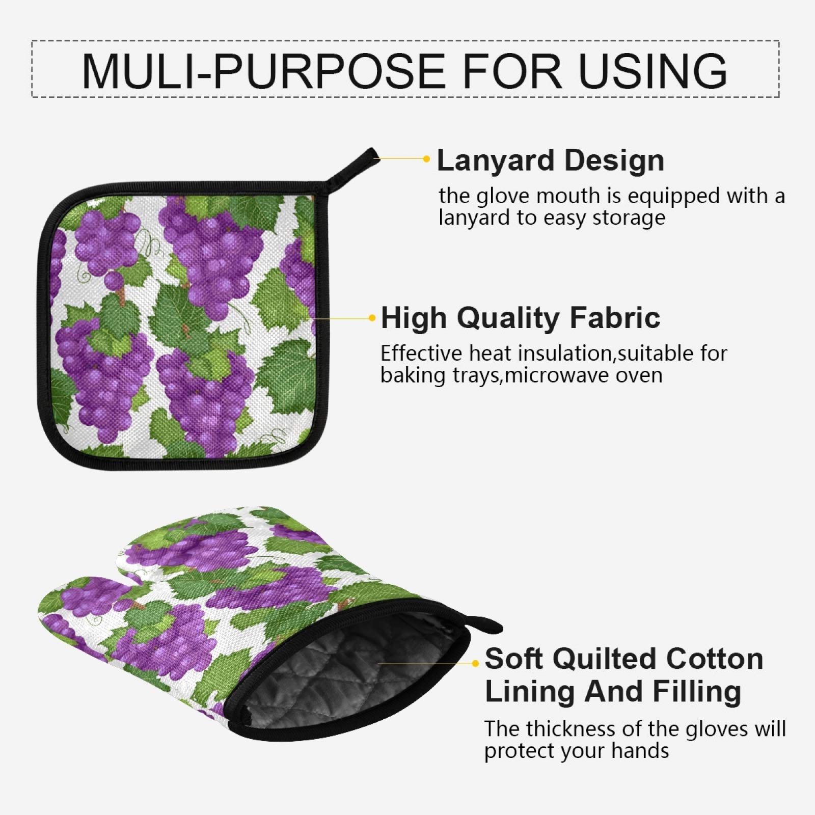 Dallonan Potholders and Oven Mitts Purple Grape Vine and Leaves Non Slip Heat Resistant Oven Mitts and Pot Holders Sets for Kitchens for Baking Finger Hand Wrist Protection, Polyester