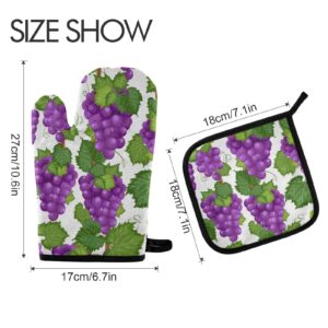 Dallonan Potholders and Oven Mitts Purple Grape Vine and Leaves Non Slip Heat Resistant Oven Mitts and Pot Holders Sets for Kitchens for Baking Finger Hand Wrist Protection, Polyester