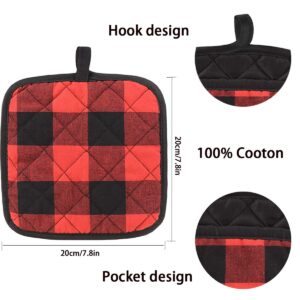 6 Pieces 100% Classic Check Pattern Potholder ， Heat Resistant with Pocket for Easy Grip. (Red Plaid)