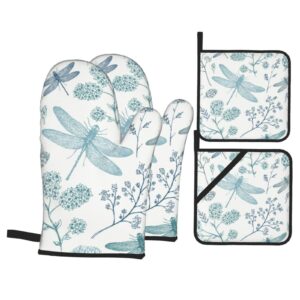 dragonfly oven mitts and pot holders sets,washable heat resistant kitchen non-slip printed grip oven gloves for microwave bbq cooking baking grilling