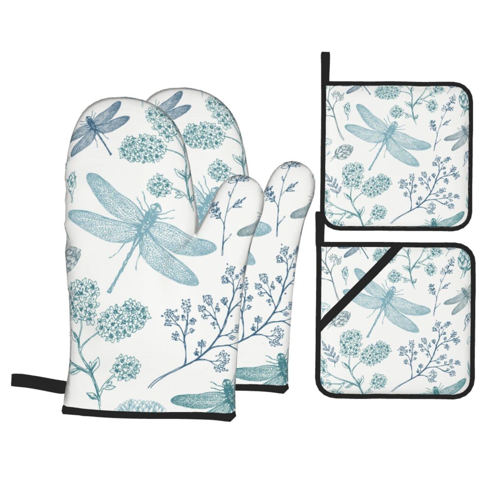 Dragonfly Oven Mitts and Pot Holders Sets,Washable Heat Resistant Kitchen Non-Slip Printed Grip Oven Gloves for Microwave BBQ Cooking Baking Grilling