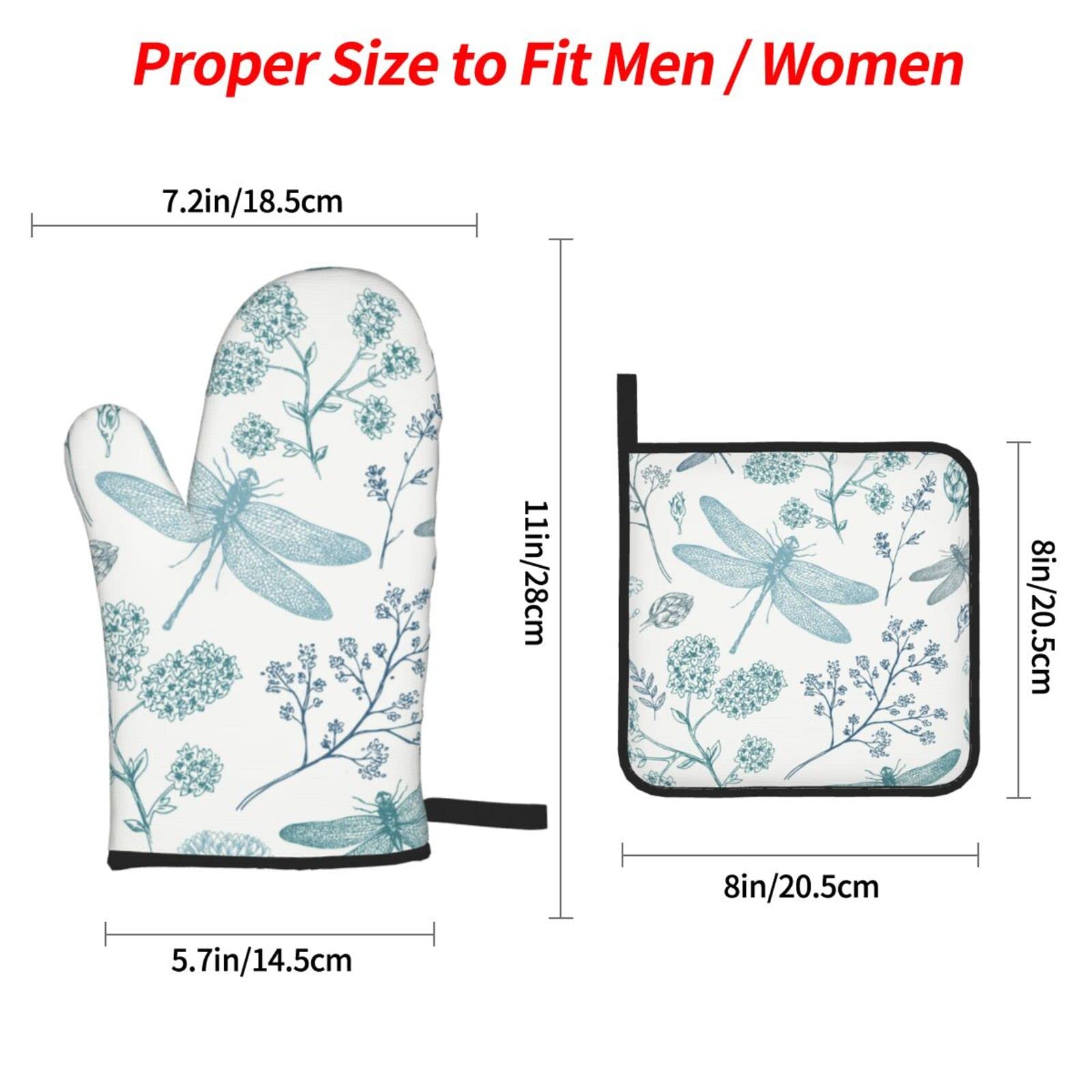 Dragonfly Oven Mitts and Pot Holders Sets,Washable Heat Resistant Kitchen Non-Slip Printed Grip Oven Gloves for Microwave BBQ Cooking Baking Grilling