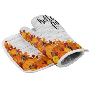 hello fall oven mitts and pot holder set, thermal insulation kitchen oven glove and anti-slip potholder for cooking, bbq, microwave, grilling - retro farmhouse pumpkins leaves wooden grain