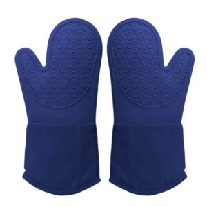 allie zeng extra long professional silicone oven mitt, durable flexible heat resistant oven gloves with quilted line for bbq, baking, cooking and grilling - 1 pair 13.7 inch navy blue