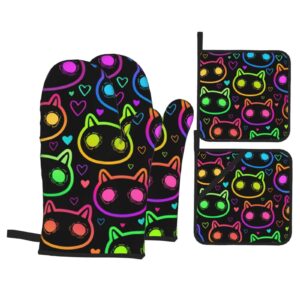 oven mitts and pot holders sets of 4 high heat resistant colorful psychedelic cat oven mitts with oven gloves and hot pads potholders for kitchen baking cooking bbq non-slip cooking mitts