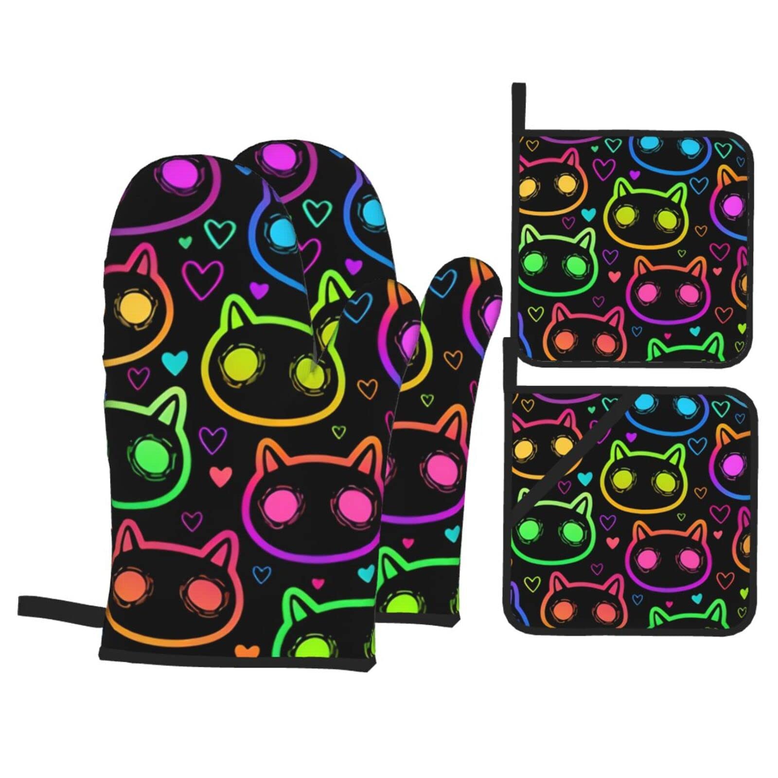 Oven Mitts and Pot Holders Sets of 4 High Heat Resistant Colorful Psychedelic Cat Oven Mitts with Oven Gloves and Hot Pads Potholders for Kitchen Baking Cooking BBQ Non-Slip Cooking Mitts