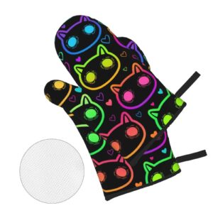 Oven Mitts and Pot Holders Sets of 4 High Heat Resistant Colorful Psychedelic Cat Oven Mitts with Oven Gloves and Hot Pads Potholders for Kitchen Baking Cooking BBQ Non-Slip Cooking Mitts