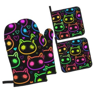 Oven Mitts and Pot Holders Sets of 4 High Heat Resistant Colorful Psychedelic Cat Oven Mitts with Oven Gloves and Hot Pads Potholders for Kitchen Baking Cooking BBQ Non-Slip Cooking Mitts