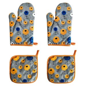 abteata oven mitts and pot holders set, 100% cotton printing heat resistant oven gloves set, non slip pot mats, baking gift for kitchen cooking, yellow flowers grey, s7