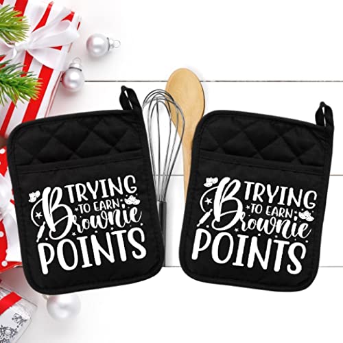 Set of 2 Black - Trying to Earn Brownie Points - Pot Holder - Oven Mitt - Hot Pad - Polyester & Neoprene White Elephant - 9" x 7" - NEO011BLKDBL