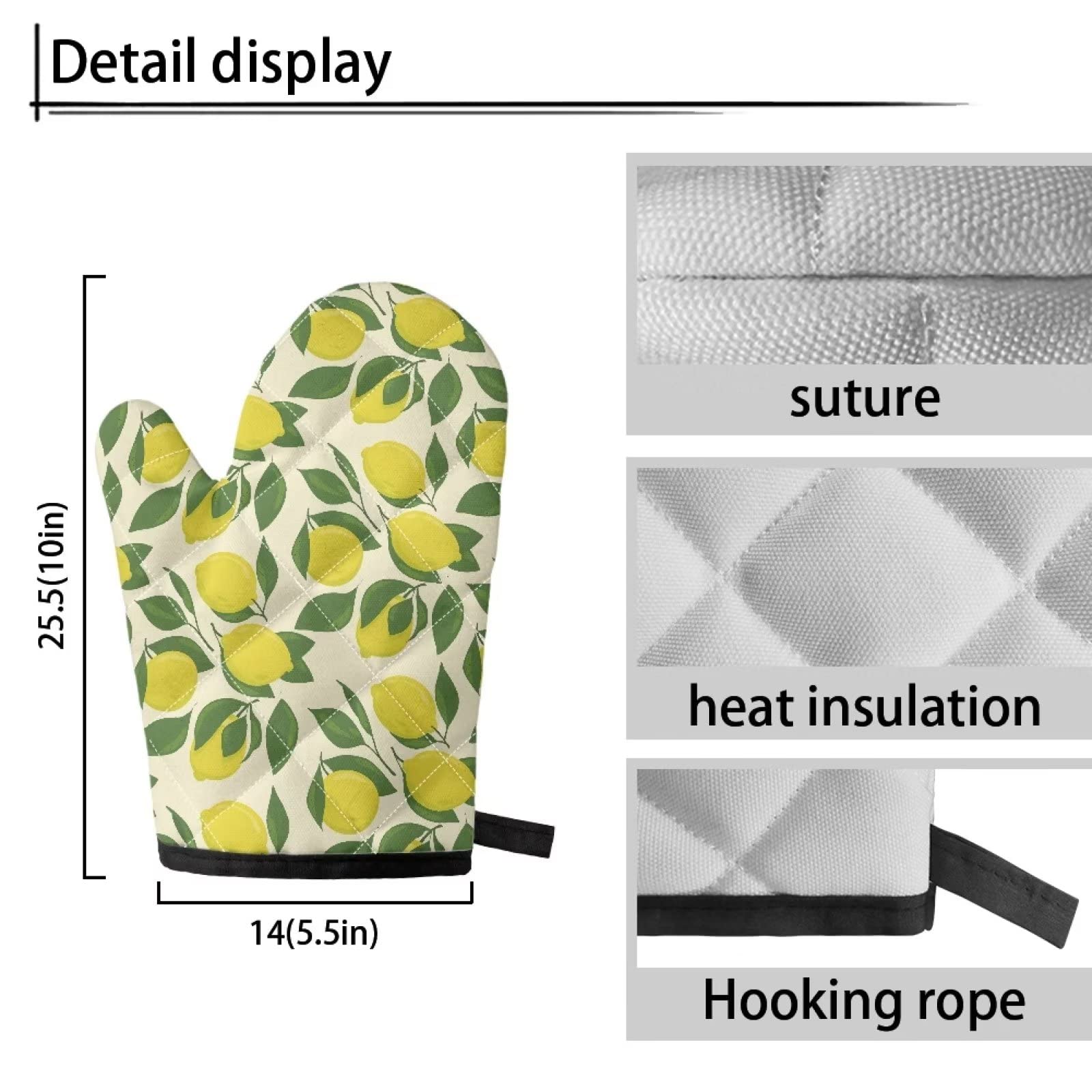 COEQINE Lemon Pattern with Oven Mitts Kitchen Oven Mitt Baking BBQ Cooking Protector Gloves Non-Slip Insulated Kitchen Heat Resistant Gloves