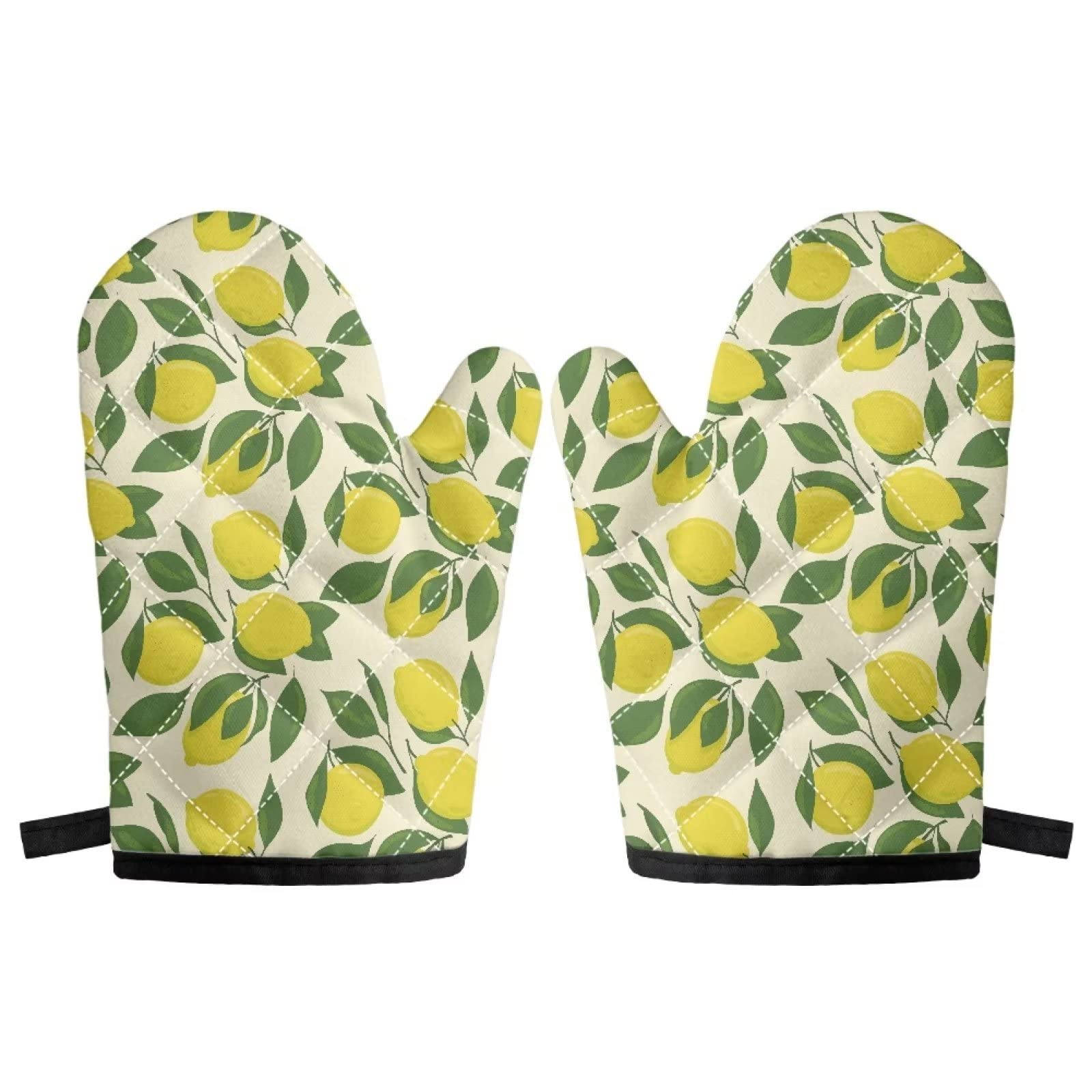 COEQINE Lemon Pattern with Oven Mitts Kitchen Oven Mitt Baking BBQ Cooking Protector Gloves Non-Slip Insulated Kitchen Heat Resistant Gloves