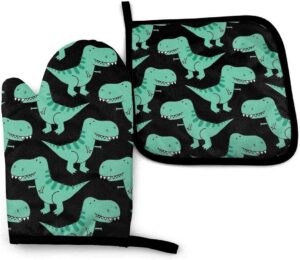 t-rex dinosaur pattern heat resistant oven mitts and pot holders sets of 2 for kitchen non-slip oven gloves for bbq cooking baking