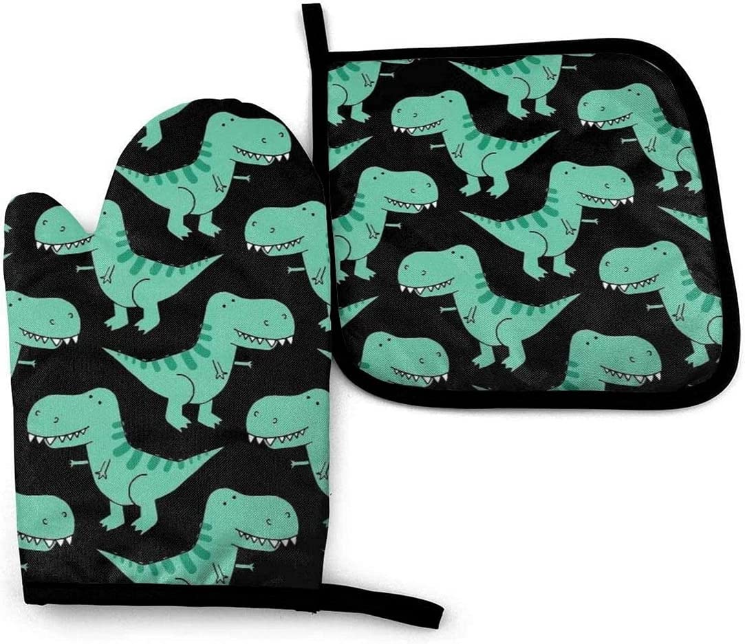 T-Rex Dinosaur Pattern Heat Resistant Oven Mitts and Pot Holders Sets of 2 for Kitchen Non-Slip Oven Gloves for BBQ Cooking Baking