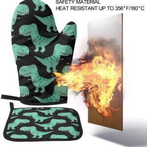 T-Rex Dinosaur Pattern Heat Resistant Oven Mitts and Pot Holders Sets of 2 for Kitchen Non-Slip Oven Gloves for BBQ Cooking Baking