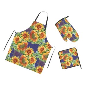 Oplp Watercolor Sunflowers Summer 3 Piece Kitchen Set Waterproof Apron with Oven Mitt and Pot Holder Cooking Adjustable Apron Microwave Glove Potholder