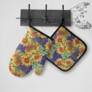 Oplp Watercolor Sunflowers Summer 3 Piece Kitchen Set Waterproof Apron with Oven Mitt and Pot Holder Cooking Adjustable Apron Microwave Glove Potholder