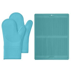 gorilla grip silicone oven mitts set and silicone dish drying mat, both in turquoise color, oven mitts are heat resistant, drying mat is size 16x12, 2 item bundle