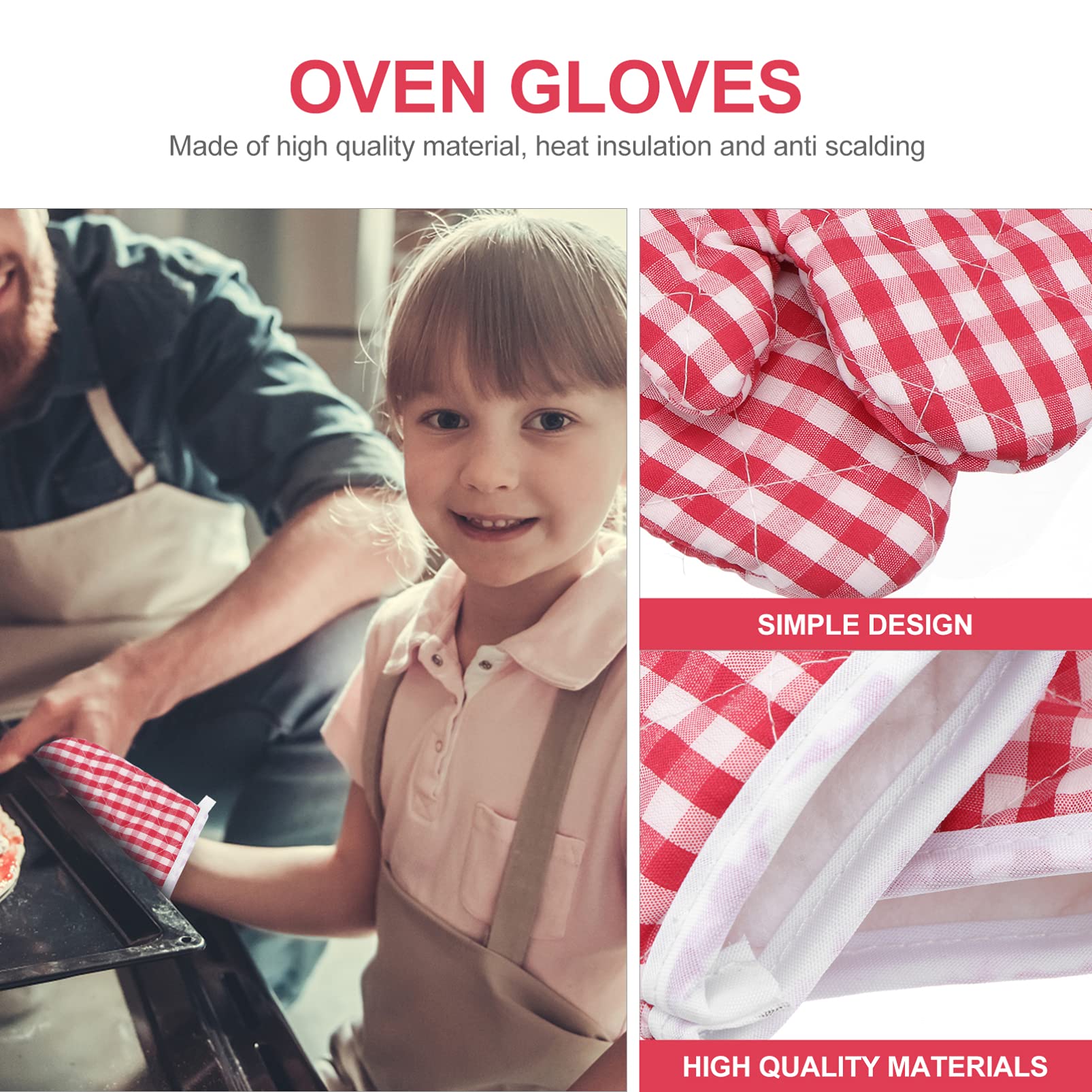 OSALADI BBQ Gloves 2pcs Red Plaid Oven Gloves Kids Anti- Scald Gloves Kitchen Baking Mitts for BBQ Cooking Baking Grilling Oven Gloves