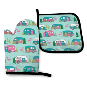 happy camper flamingos oven mitts and pot holders set kitchen gift set for kitchen cooking baking bbq