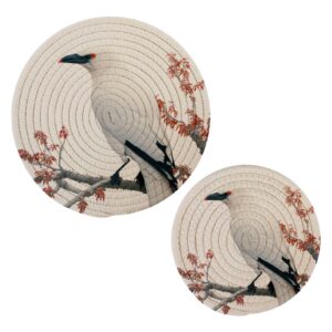 foliosa cotton pot holder trivets set of 2 (white crow), handmade hot pads for kitchen, heat resistant durable potholder for dining table, round cotton rope mats for home decor