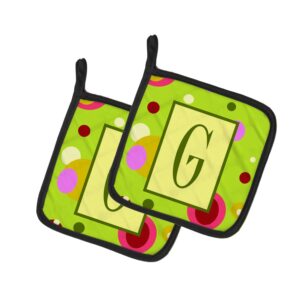 caroline's treasures cj1010-gpthd letter g monogram - lime green pair of pot holders kitchen heat resistant pot holders sets oven hot pads for cooking baking bbq, 7 1/2 x 7 1/2