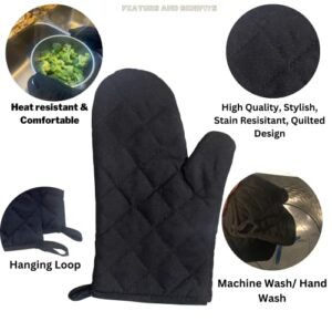 Black Heat Resistant Oven Mitt Set- Quilted Polyester Kitchen Mitten