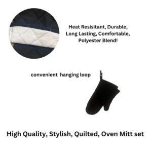 Black Heat Resistant Oven Mitt Set- Quilted Polyester Kitchen Mitten