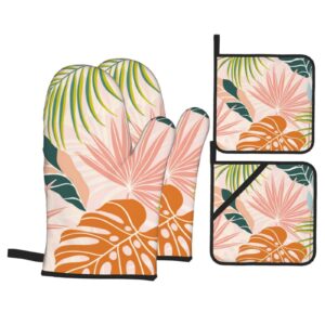 oven mitts and pot holders sets 4 piece, boho tropical leaves and flowers pattern oven gloves heat resistant non-slip for kitchen cooking grilling baking