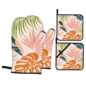 Oven Mitts and Pot Holders Sets 4 Piece, Boho Tropical Leaves and Flowers Pattern Oven Gloves Heat Resistant Non-Slip for Kitchen Cooking Grilling Baking